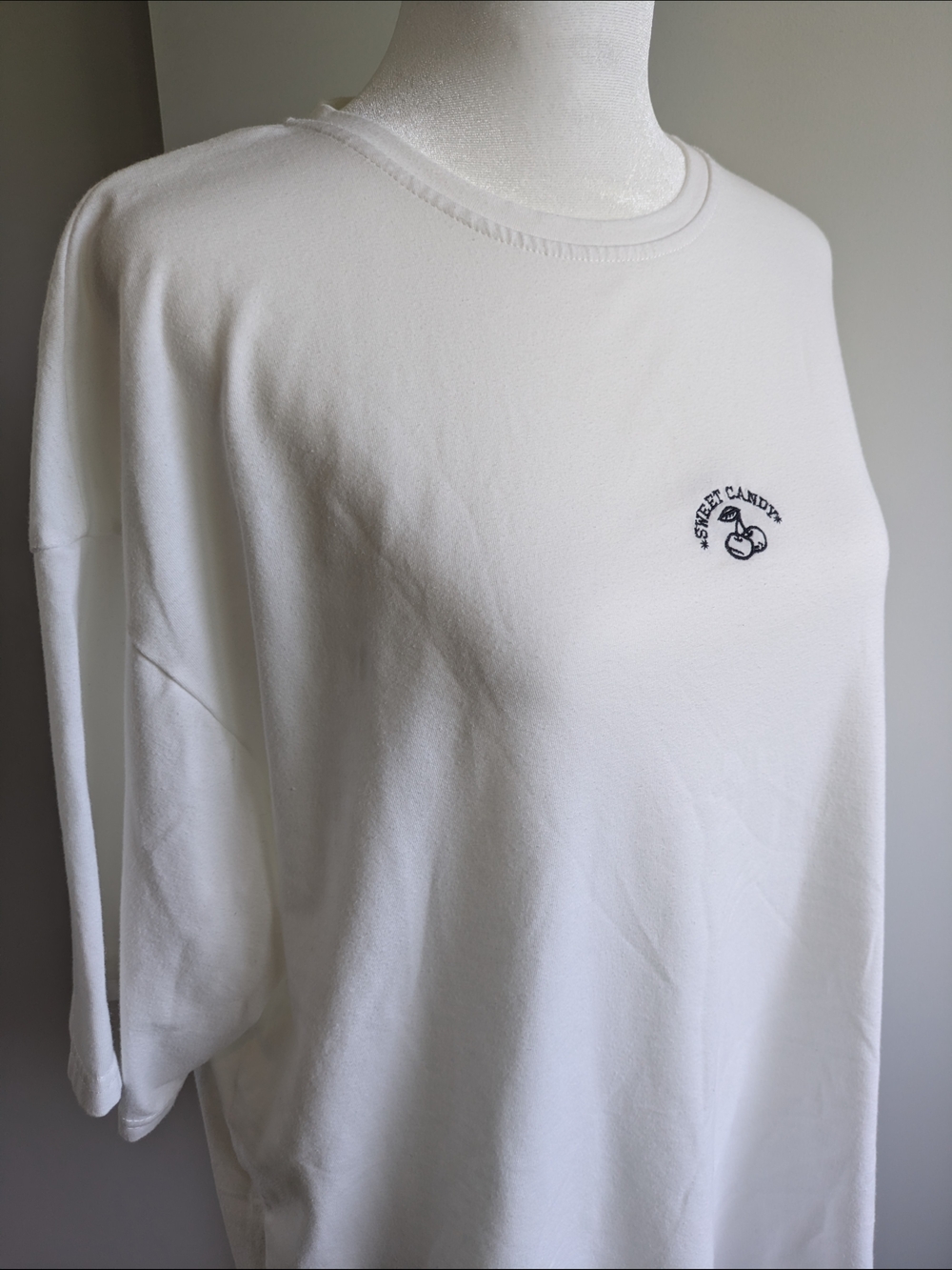 White Embroidered Cherry "Sweet Candy" Oversized T-Shirt - Picture 3 of 4